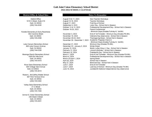 2023-2024 Galt Joint Union Elementary School District Calendar Dates